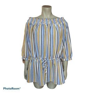 Stella Tweed Blue Yellow Striped Off Shoulder Top